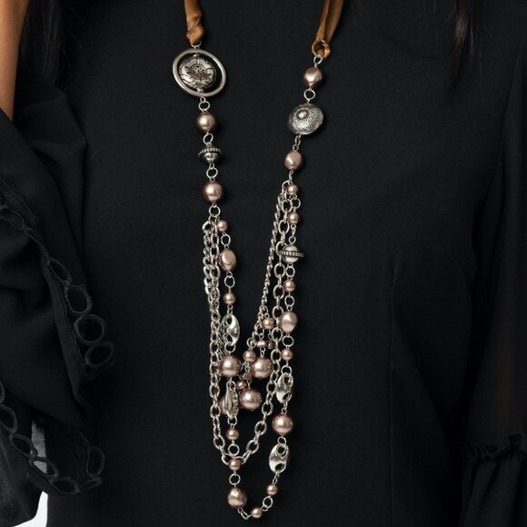 Gorgeous Gold Silver & Brown Beaded Ribbon Fashion Necklace - Picture 4 of 5